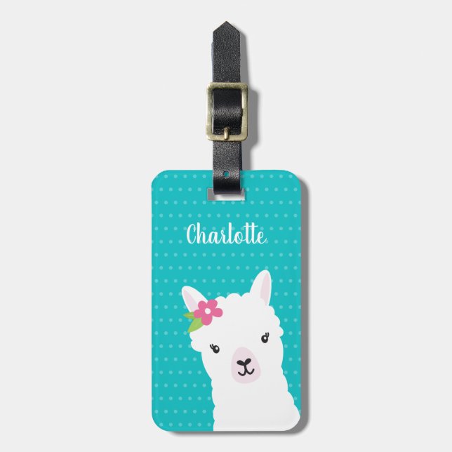 Floral Llama Alpaca Aquamarin Personalisiert Gepäckanhänger (Vorderseite vertikal)