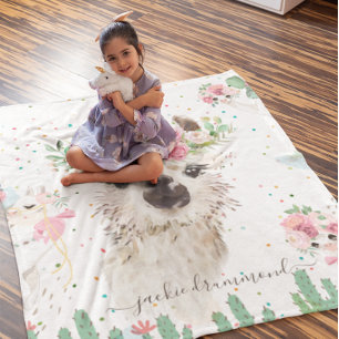 Floral Llama Face   Monogramm-Fleece Fleecedecke
