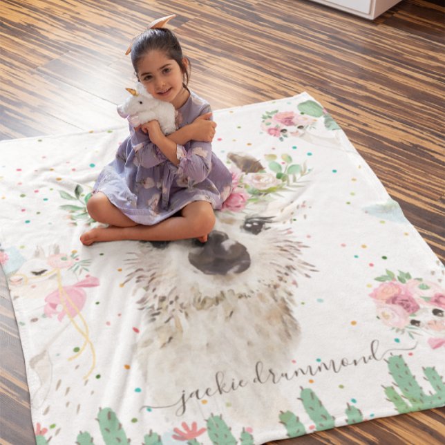 Floral Llama Face | Monogramm-Fleece Fleecedecke (Von Creator hochgeladen)