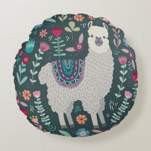 Floral Llama: Vintage handGezeichnet Doodles Rundes Kissen