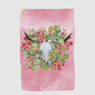 Floral Longhorn Skull auf Aquarell Golfhandtuch