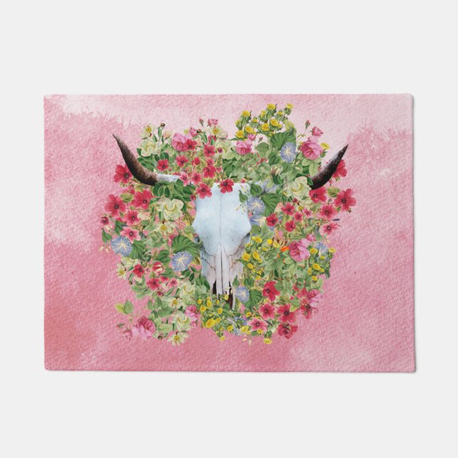 Floral Longhorn Skull auf Aquarellfarbe Fußmatte (Vorderseite)