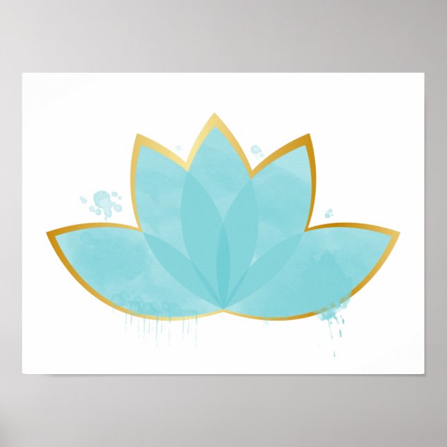 Floral Lotus Watercolor Seepromenade Blau & Imitat Poster (Vorne)