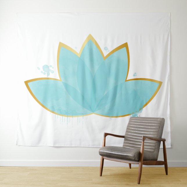 Floral Lotus Watercolor Seepromenade Blau & Imitat Wandteppich (Beispiel (Horizontal))