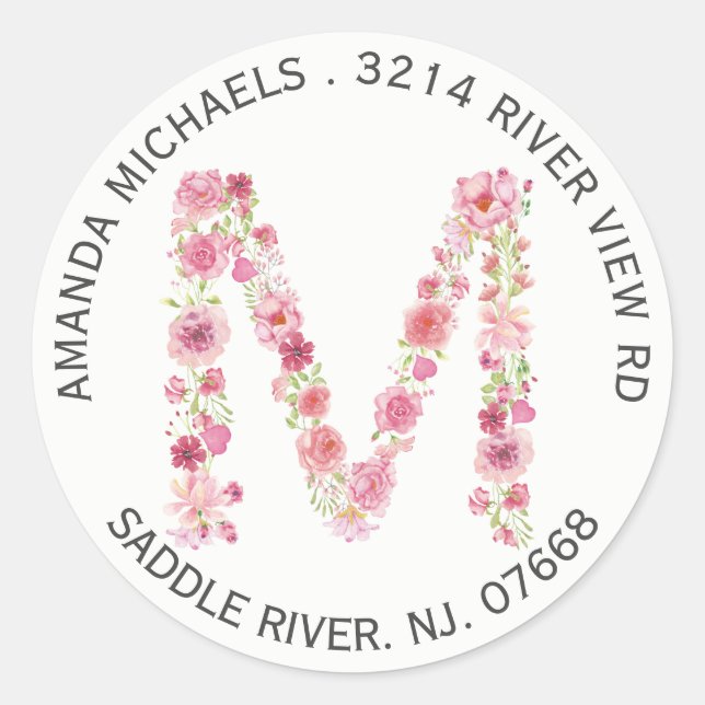 Floral M Initial Monogram Return Address Sticker (Vorderseite)