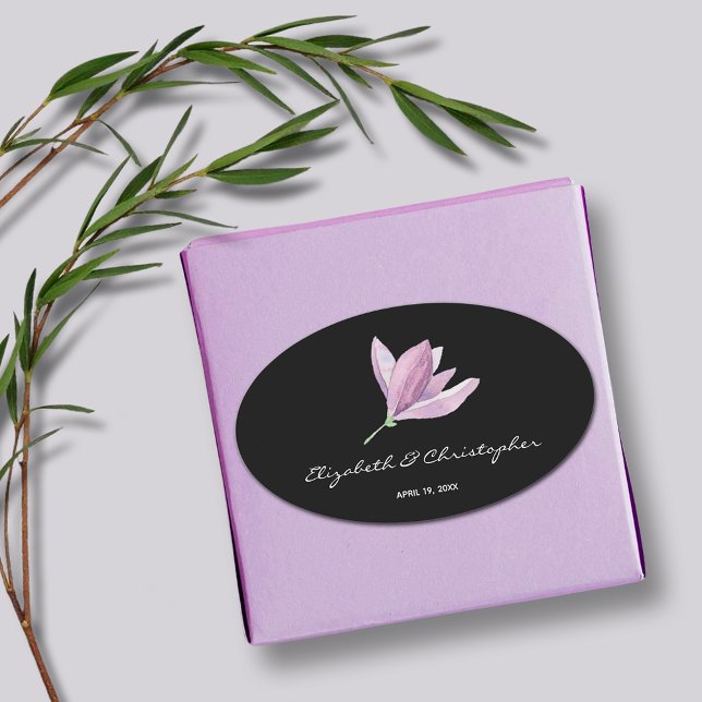 Floral Magnolia auf Schwarze Hochzeit Ovaler Aufkleber (Magnolia Floral Wedding Favor Black Oval Stickers)