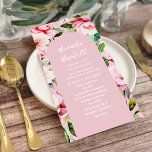 Floral Magnolia Peony Pink Wedding Menükarte<br><div class="desc">Das Watercolor rosa Magnolienpeony Blumendesign mit rosa Bogen und weißem Text.</div>