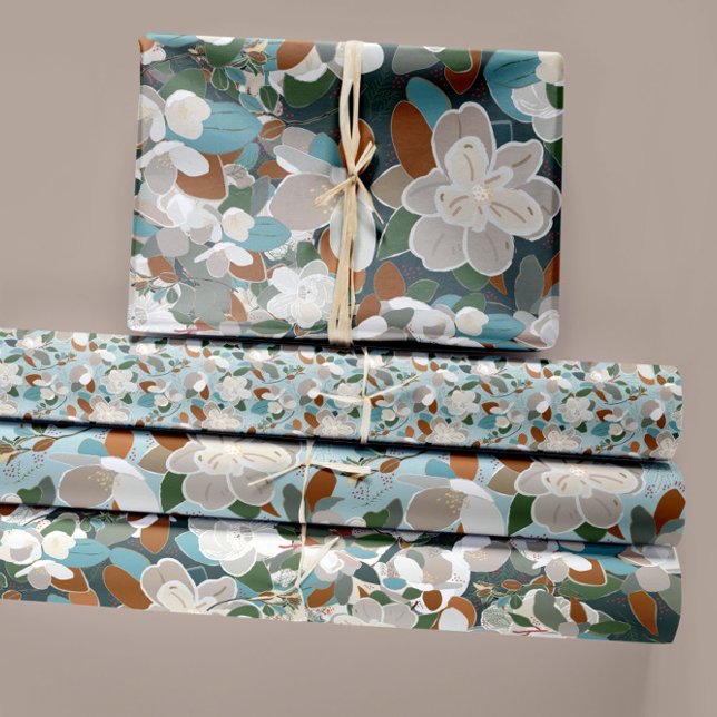 Floral Magnolias Decoupage Geschenkpapier Set (Modern Abstract Magnolia Floral Blue Gray Wrapping Paper Sheets from Studio Posies.)