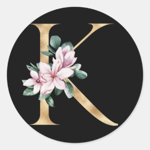Floral-Magnolien-Monogramm in Goldbuchstaben K Runder Aufkleber