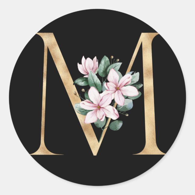 Floral-Magnolien-Monogramm in Goldbuchstaben M Runder Aufkleber (Vorderseite)