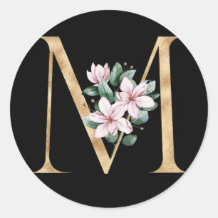 Floral-Magnolien-Monogramm in Goldbuchstaben M Runder Aufkleber