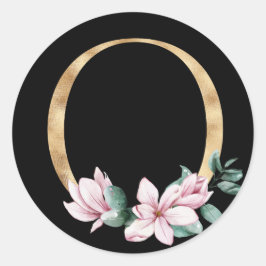 Floral-Magnolien-Monogramm in Goldbuchstaben O Runder Aufkleber