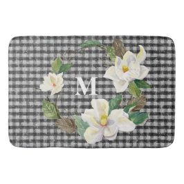 Floral Magnolisch Schwarz-Weiß-Karo mit Monogramm Badematte