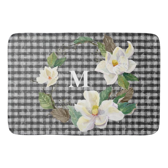 Floral Magnolisch Schwarz-Weiß-Karo mit Monogramm Badematte (Vorderseite)