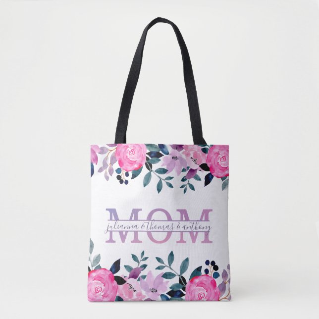 Floral Mama spaltete Monogramm mit Kindernamen (Vorderseite)