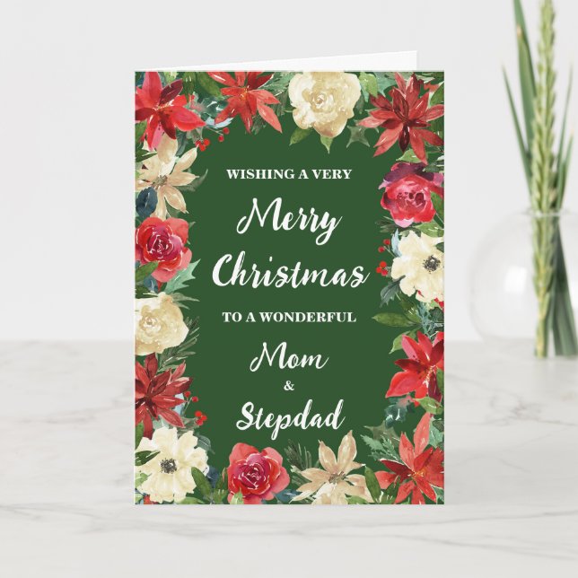 Floral Mama und Stepdad Frohe Weihnachten Karte (Vorderseite)