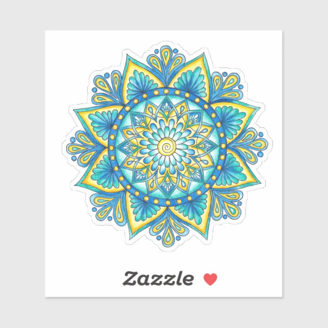 Floral Mandala Blue Türkis Yellow Aufkleber (Blatt)
