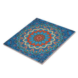 Floral Mandala Bohemien Blue Orange Elegant Fliese