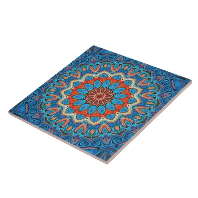 Floral Mandala Bohemien Blue Orange Elegant Fliese (Seite)