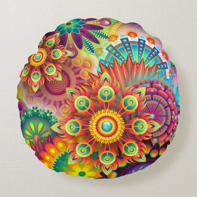 Floral Mandala Collage Psychedelic Rundes Kissen (Vorderseite)