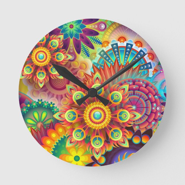 Floral Mandala Collage Psychedelic Wall Clock Runde Wanduhr (Vorderseite)