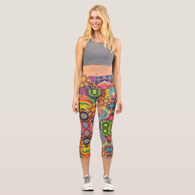 Floral Mandala Collage Psychedelic Yoga Capri Leggings (Vorderseite)