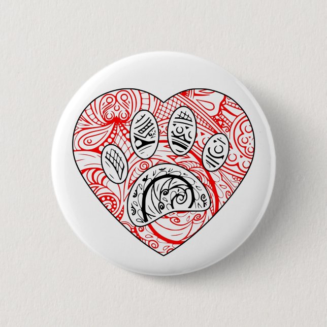 Floral Mandala Dog Paw Print Red Heart Button (Vorderseite)