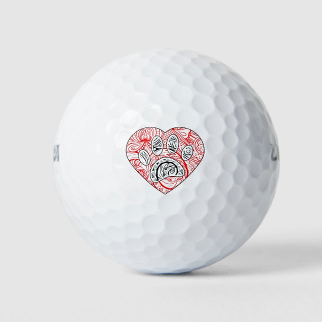 Floral Mandala Dog Paw Print Red Heart Golfball (Vorderseite)