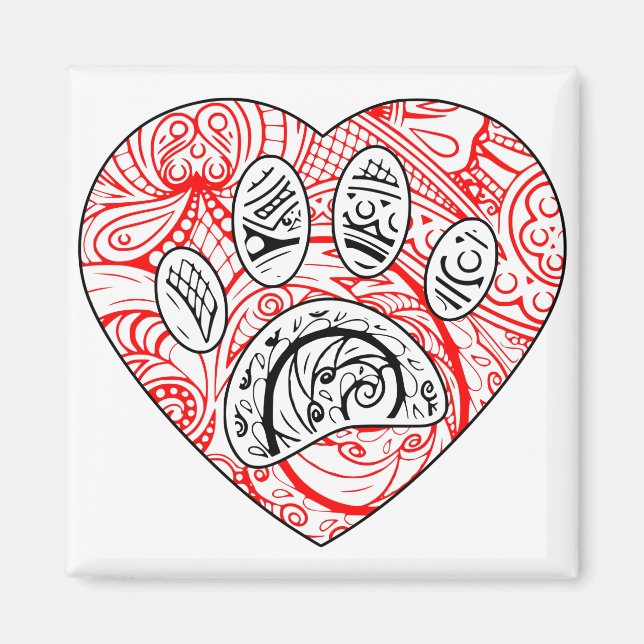 Floral Mandala Dog Paw Print Red Heart Magnet (Vorne)