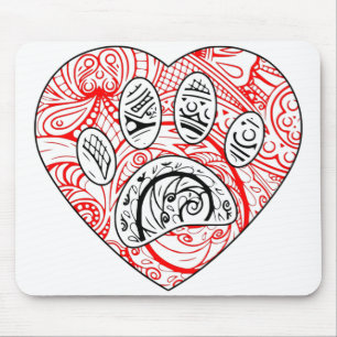 Floral Mandala Dog Paw Print Red Heart Mousepad