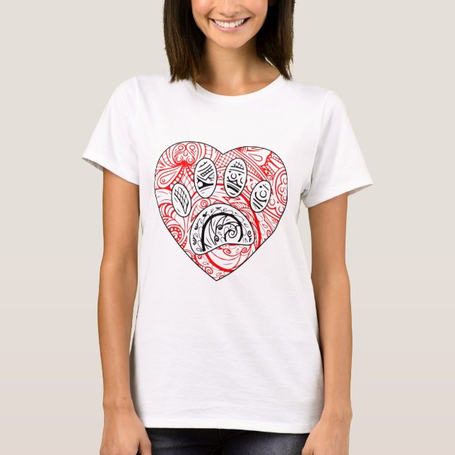 Floral Mandala Dog Paw Print Red Heart T-Shirt (Vorderseite)