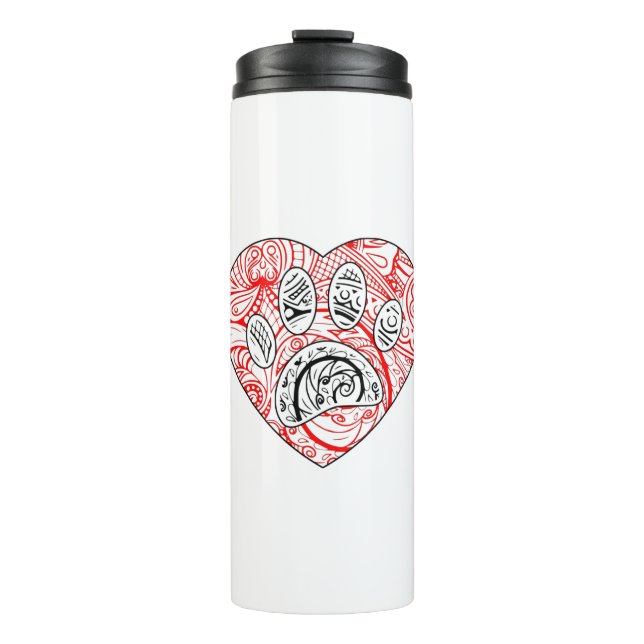 Floral Mandala Dog Paw Print Red Heart Thermosbecher (Vorderseite)
