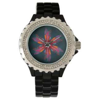 Floral Mandala Flowers Orange Red Blue Abstract Armbanduhr