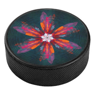 Floral Mandala Flowers Orange Red Blue Abstract Eishockey Puck