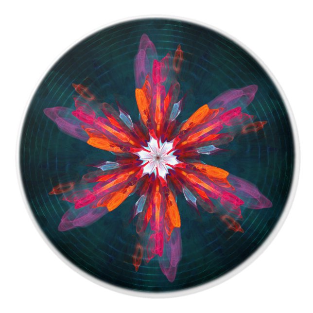 Floral Mandala Flowers Orange Red Blue Abstract Keramikknauf (Vorderseite)