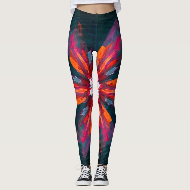 Floral Mandala Flowers Orange Red Blue Abstract Leggings (Vorderseite)