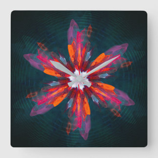 Floral Mandala Flowers Orange Red Blue Abstract Quadratische Wanduhr