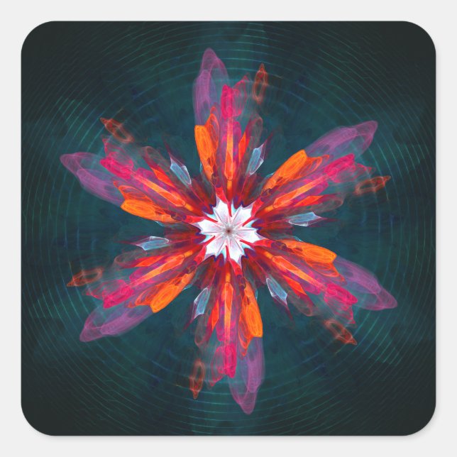 Floral Mandala Flowers Orange Red Blue Abstract Quadratischer Aufkleber (Vorderseite)