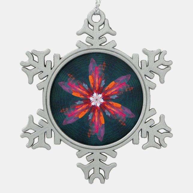 Floral Mandala Flowers Orange Red Blue Abstract Schneeflocken Zinn-Ornament (Vorderseite)
