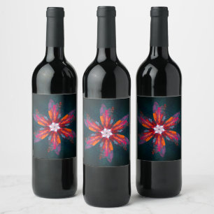 Floral Mandala Flowers Orange Red Blue Abstract Weinetikett