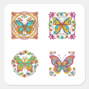Floral Mandala mit Butterfly Art 4 Pack Stickern Quadratischer Aufkleber