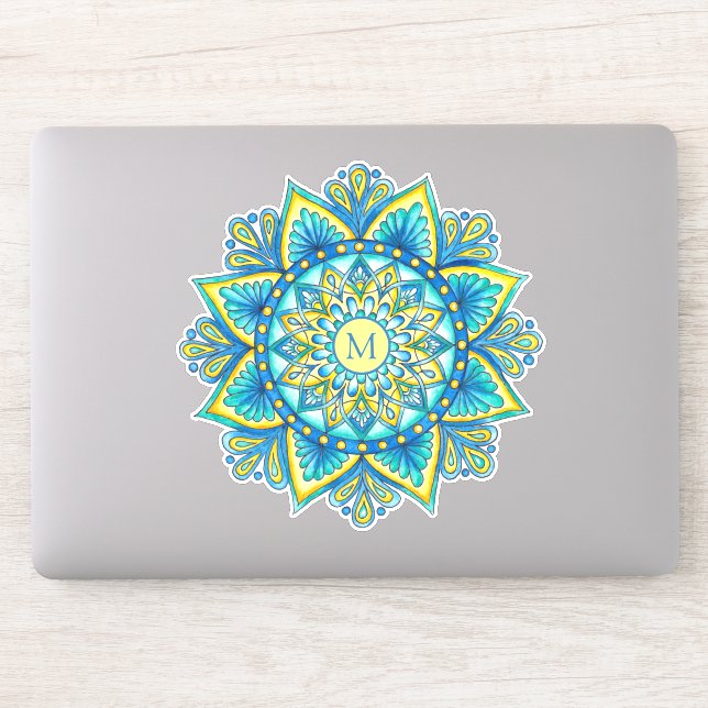 Floral Mandala Monogram Blue Türkis Yellow Aufkleber (Computer)