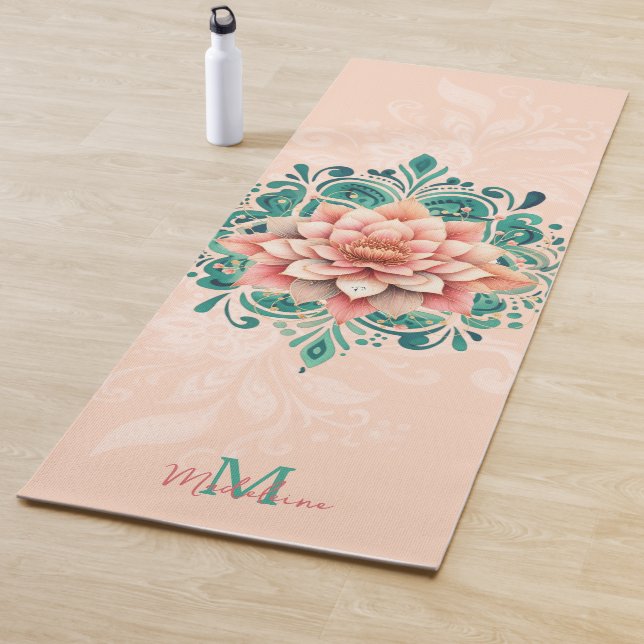 Floral Mandala Peach Pink Green Chic Monogram Yogamatte (Beispiel)