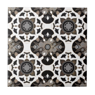 Floral Mandala Taupe Gray Black Fliese