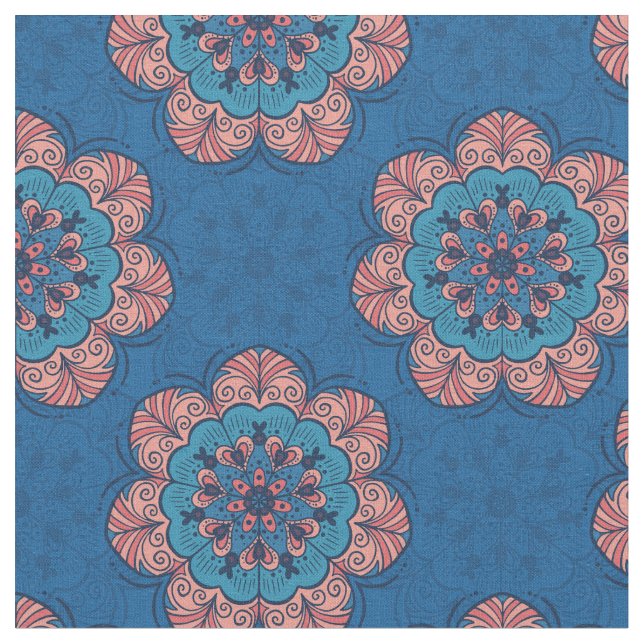 Floral Mandala Tile in Blau und Rosa Stoff (Nahaufnahme)