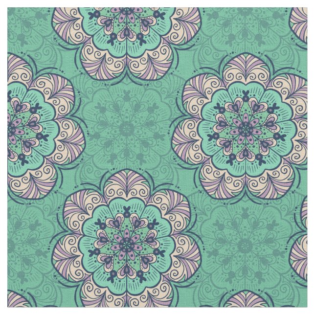 Floral Mandala Tile in Mint & Lavender Stoff (Nahaufnahme)