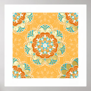 Floral Mandala Tile in Orange & Aquamarin Foliendrucke
