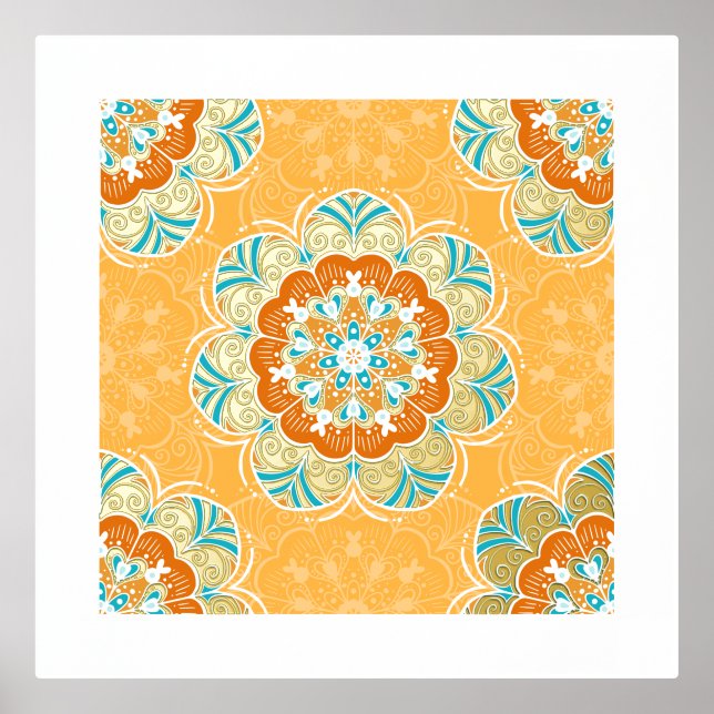 Floral Mandala Tile in Orange & Aquamarin Foliendrucke (Vorderseite)