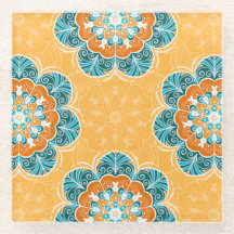 Floral Mandala Tile in Orange & Aquamarin