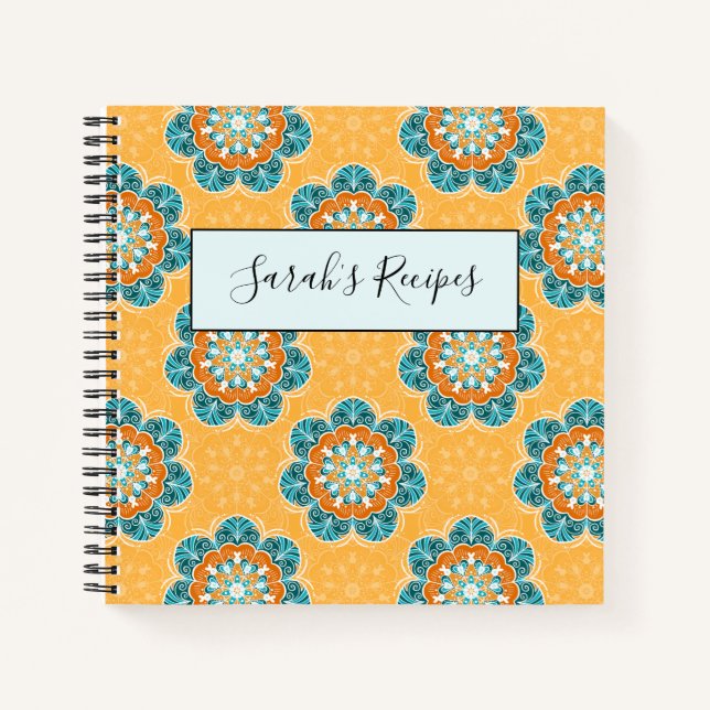 Floral Mandala Tile in Orange & Aquamarin Notizbuch (Vorderseite)